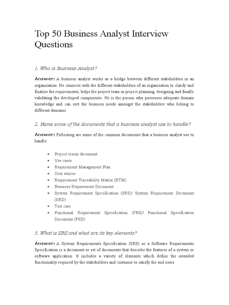 Top 50 Business Analyst Interview Questions PDF Use Case Business