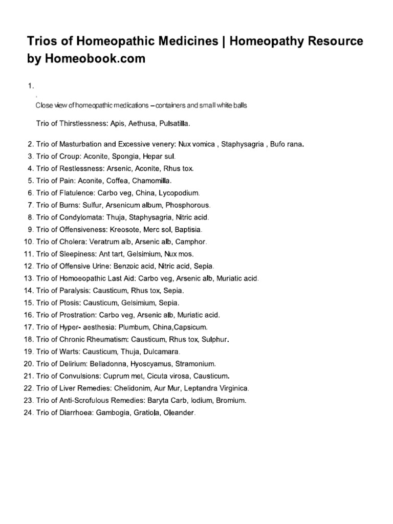 Trios of Homeopathic Medicines - Homeopathy Resource by Homeobook | PDF