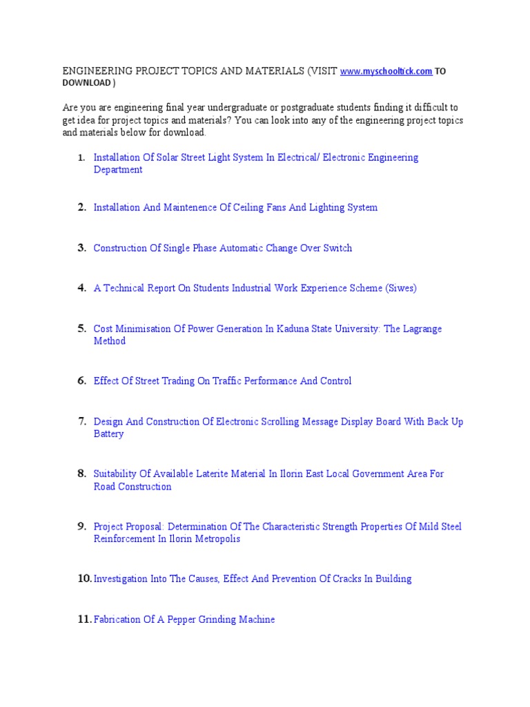 Engineering Project Topics for Students | PDF | Road | Automation