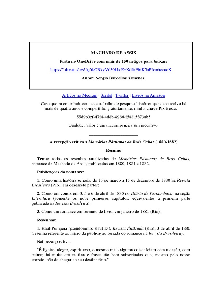 Memórias Póstumas de Brás Cubas Todas As Resenhas e Críticas PDF