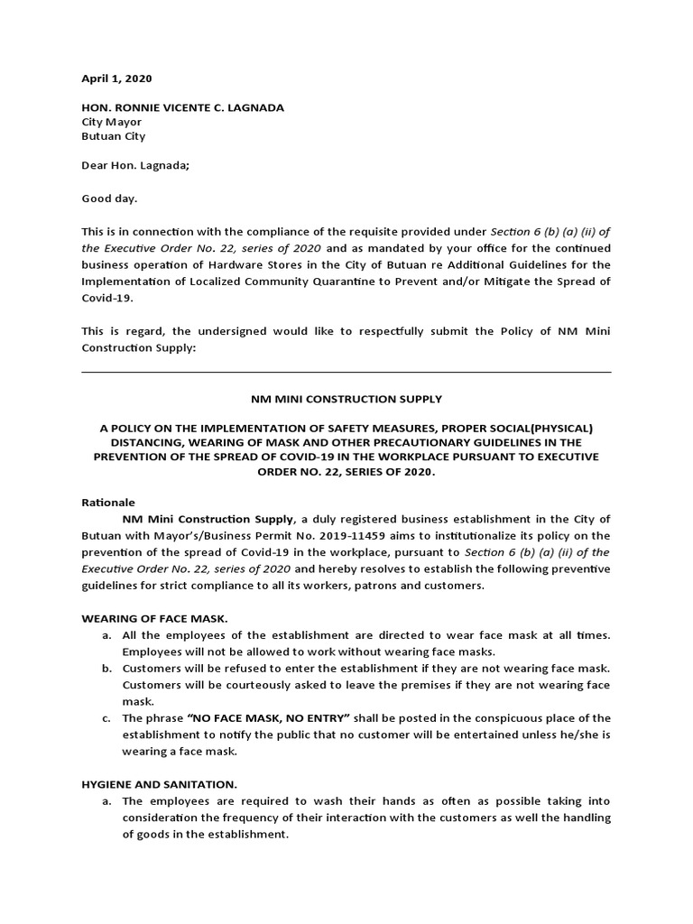 The Executive Order No. 22, Series of 2020 and As Mandated by Your