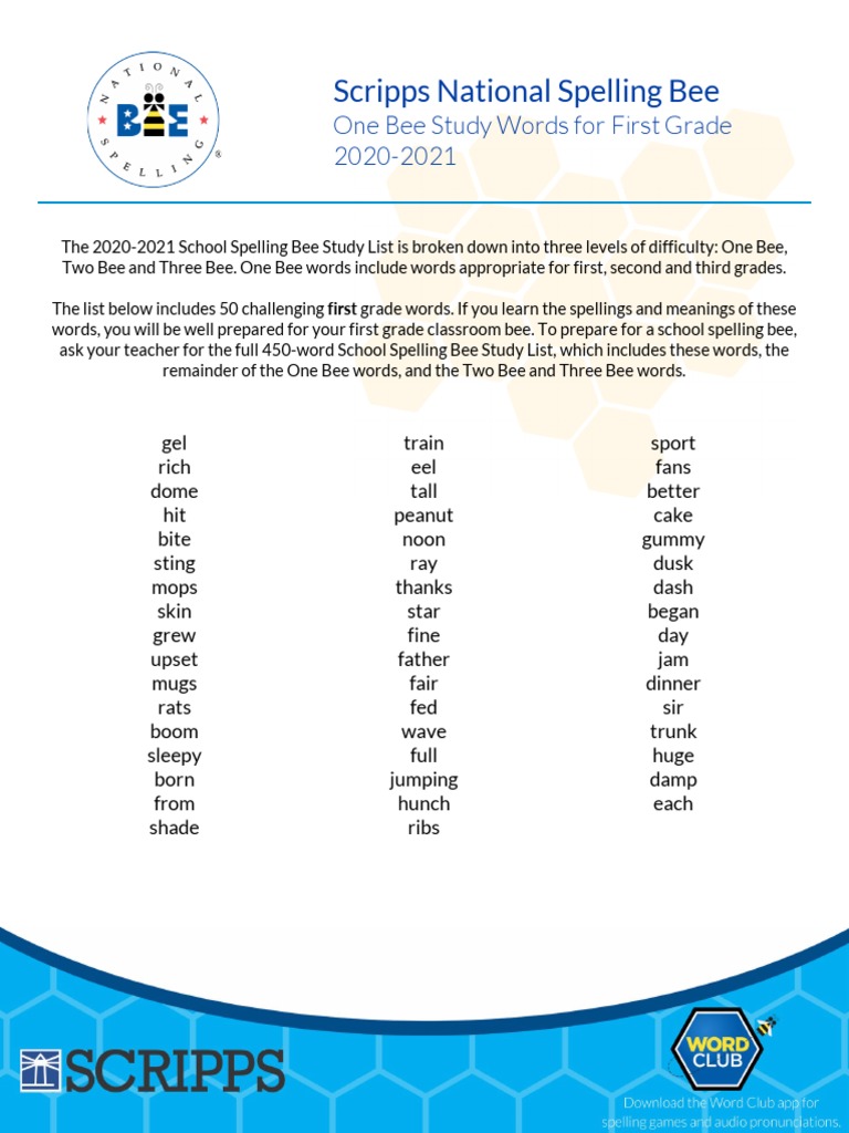 Scripps National Spelling Bee One Bee Study Words For First Grade 2020