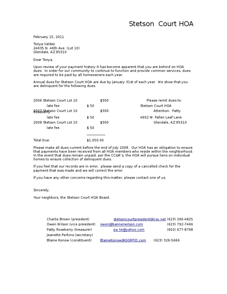 Hoa Dues Letter Real Estate Government