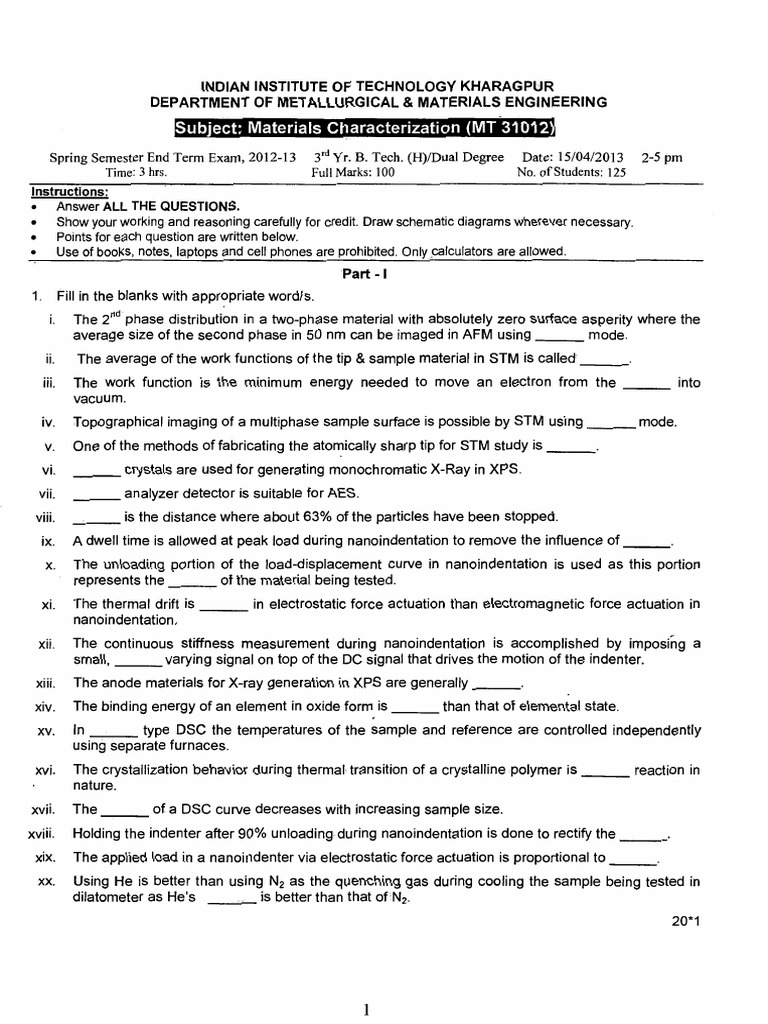 Materials Characterization Exam 2013 | PDF | X Ray Photoelectron ...
