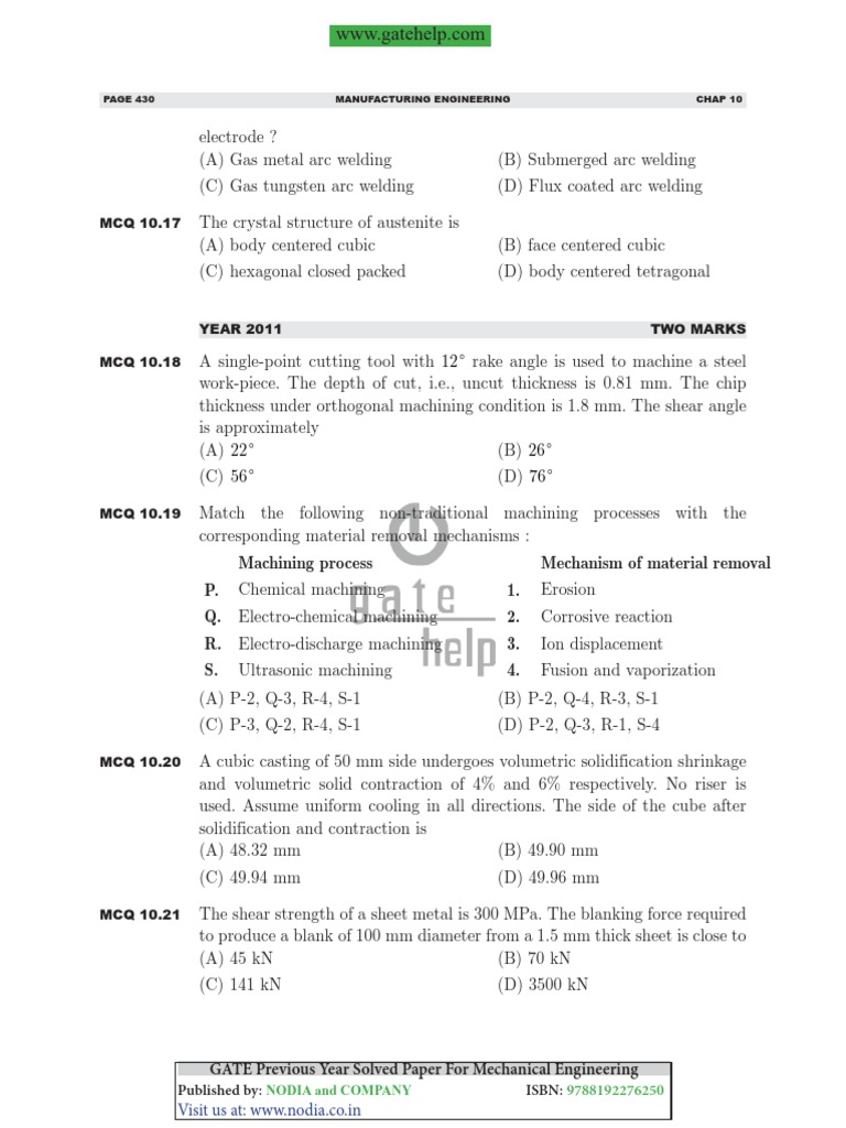 GATE Mechanical Engineering Solved MCQs | PDF | Welding | Construction
