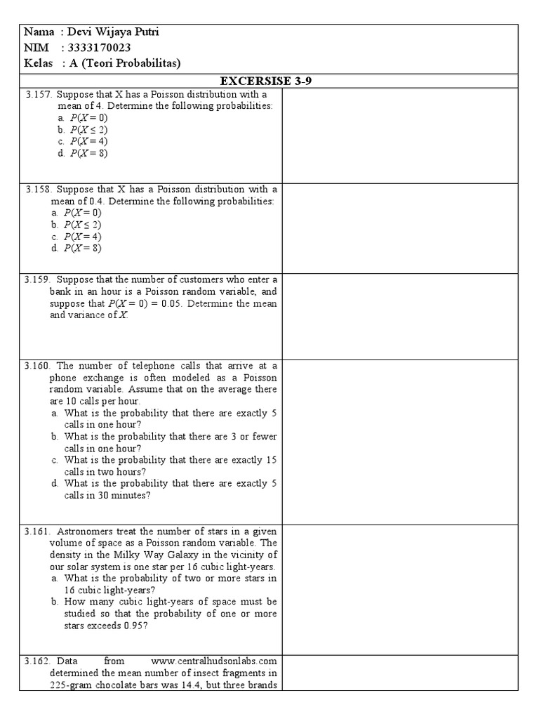Poisson Distribution Probability Exercises | PDF | Poisson Distribution ...