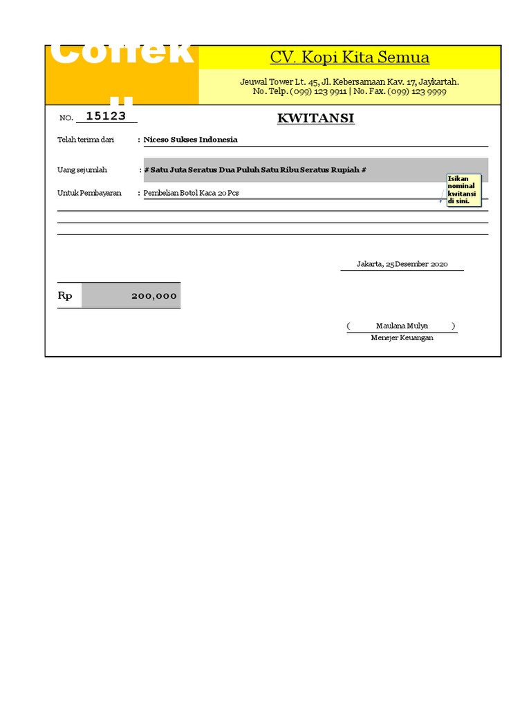 Contoh Template Kwitansi Excel Sederhana Ver 1 1