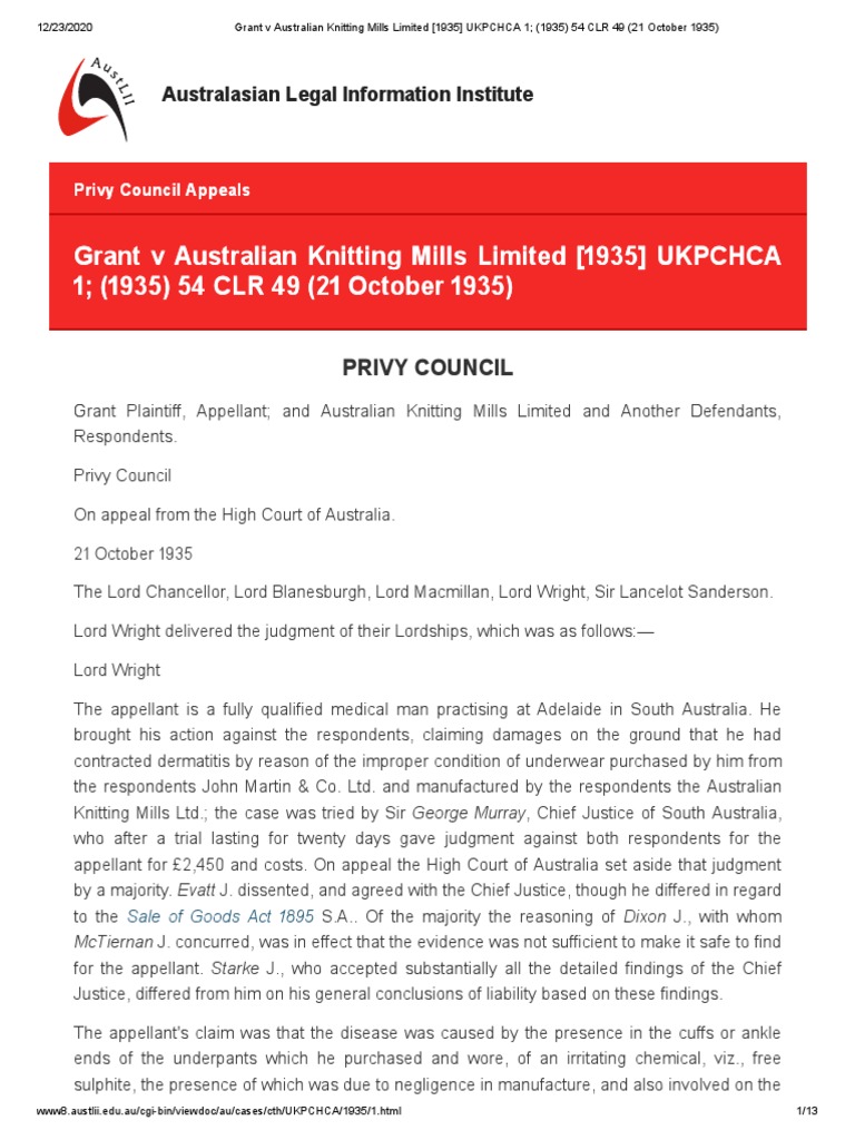 Grant V Australian Knitting Mills Limited (1935) UKPCHCA 1 (1935) 54 CLR 49 (21 October 1935