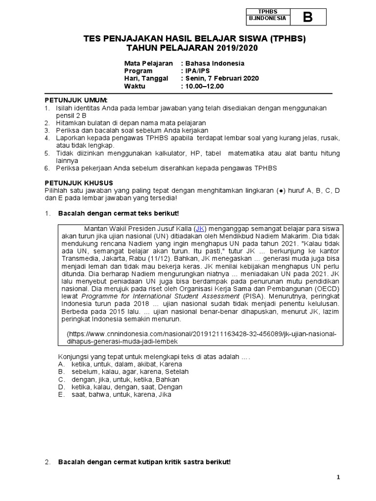 03 Soal Tphbs Bahasa Indonesia Ipa Ips 2020 B Doc