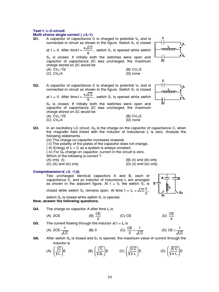 Test-1: L-C-circuit Multi Choice Single Correct (+3,-1) : A B E L | PDF ...