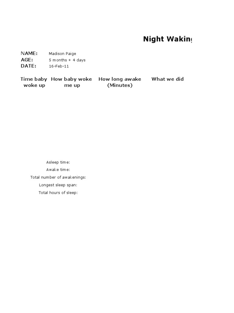 Night Waking Log for Baby Madison | PDF