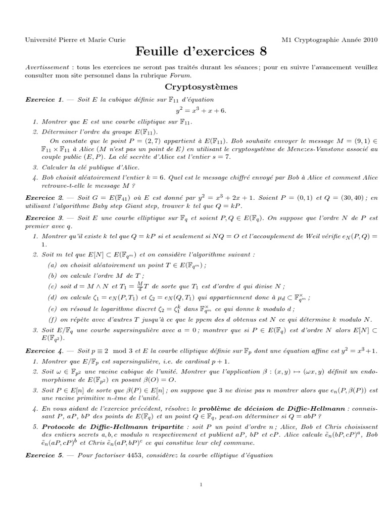 Exercices de Cryptographie 2010 | PDF | Nombre premier | Public-key ...