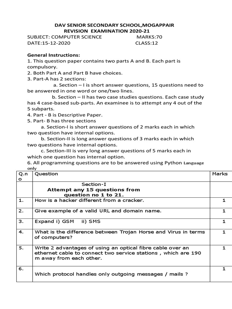 Class 12 Computer Science Sample Paper | PDF | Network Topology ...