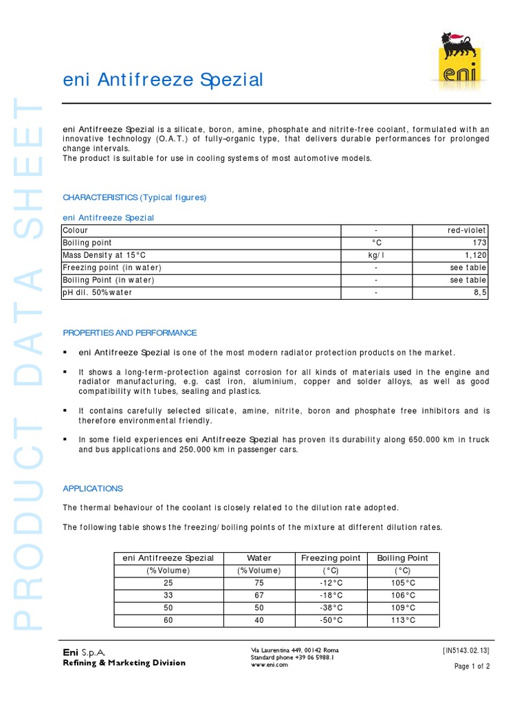 Eni Antifreeze Spezial | PDF | Physical Sciences | Mechanical Engineering