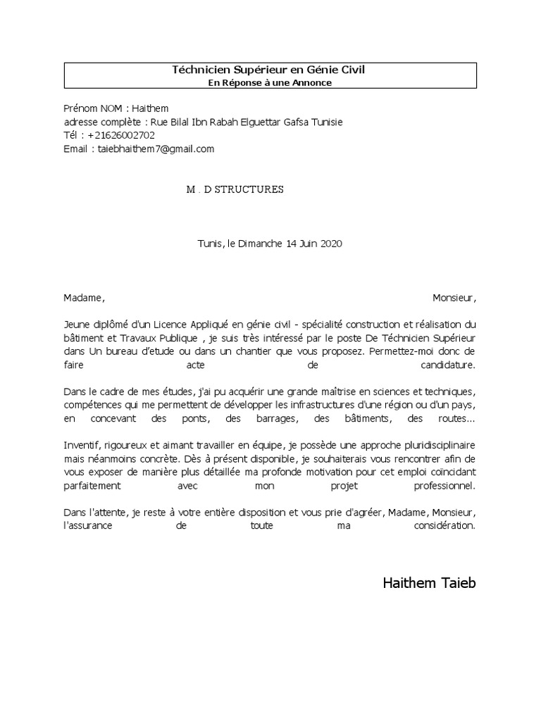 LettremotivationTéchnicien Supérieur en Genie Civil PDF
