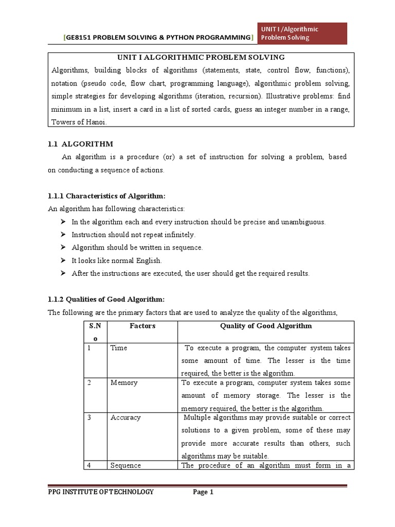 Unit I Algorithmic Problem Solving | PDF | Algorithms | Computer Program