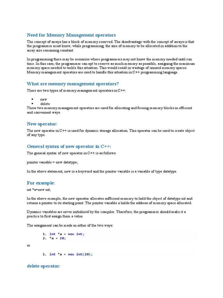 C++ Memory Management Operators Guide | PDF
