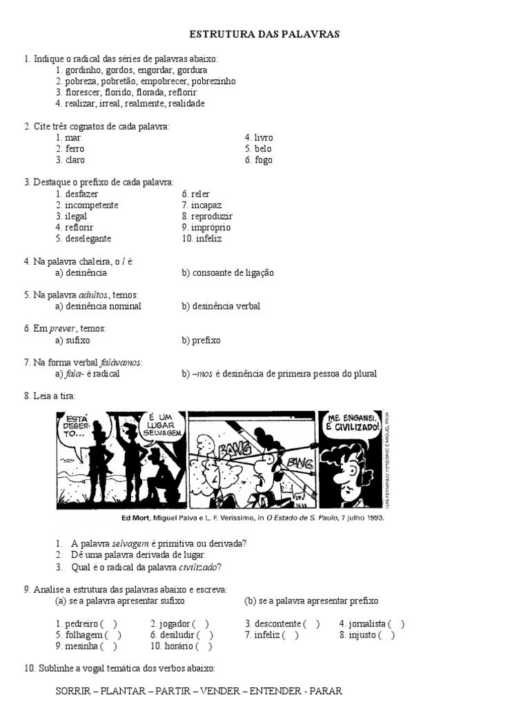 Exercícios sobre Estrutura das Palavras | PDF | Famílias linguísticas ...