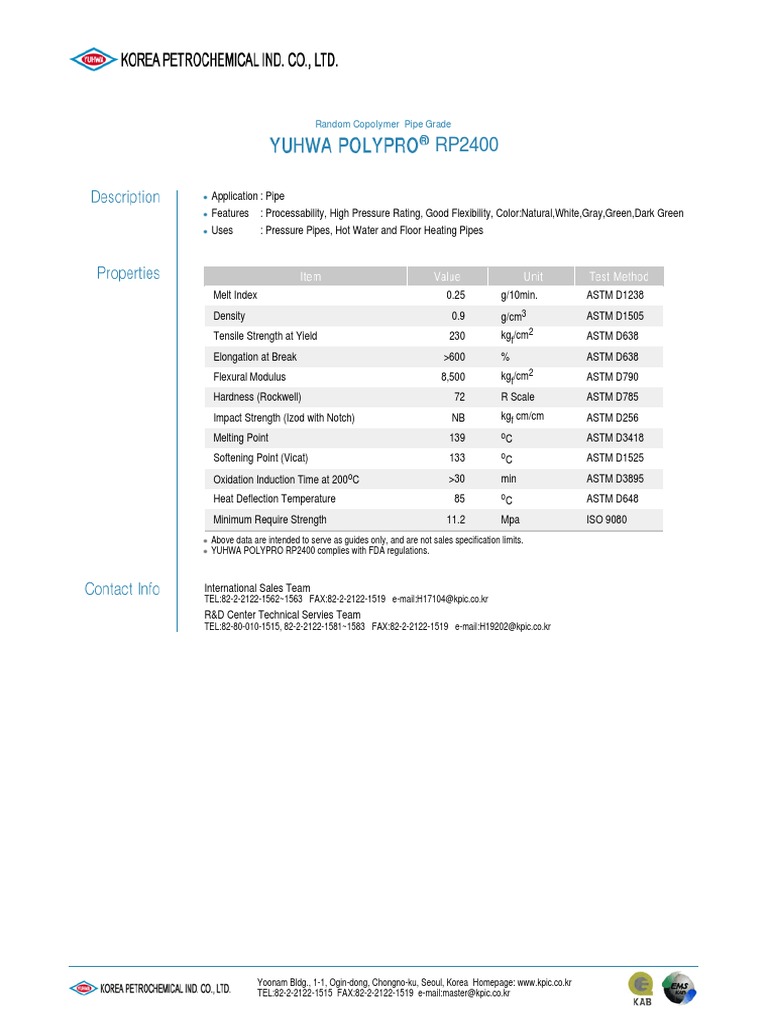 Yuhwa Polypro RP2400 Pipe Grade Details | PDF