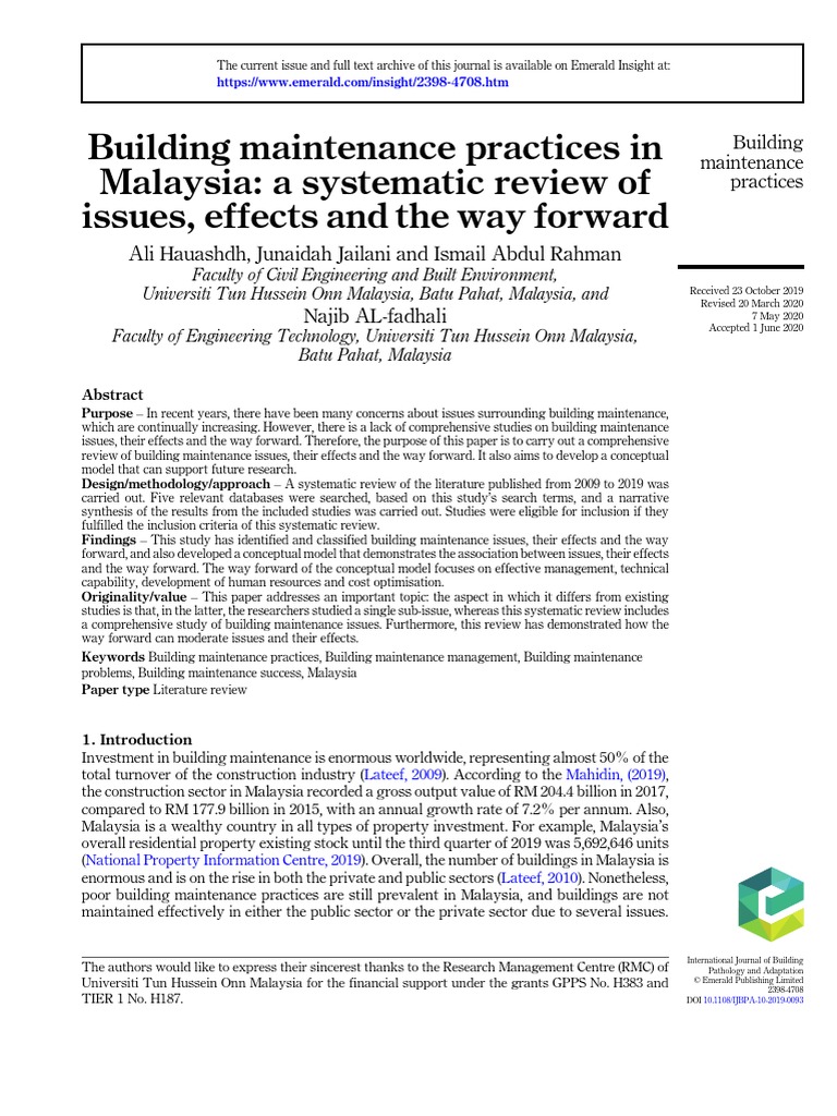 Building Maintenance Practices in Malaysia: A Systematic Review of ...