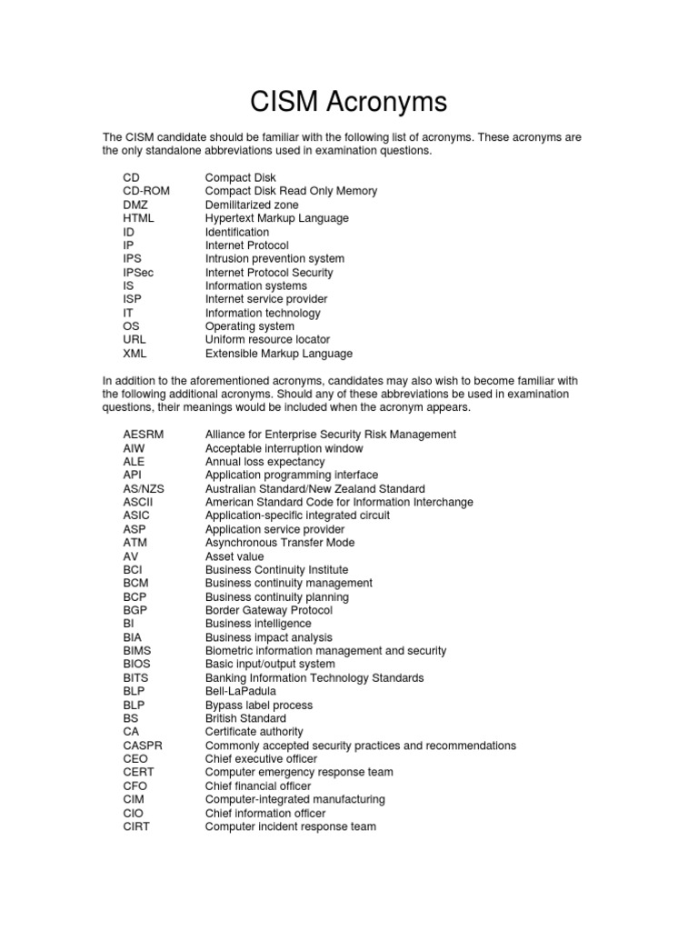 CISM Acronyms PDF PDF Computer Network Osi Model