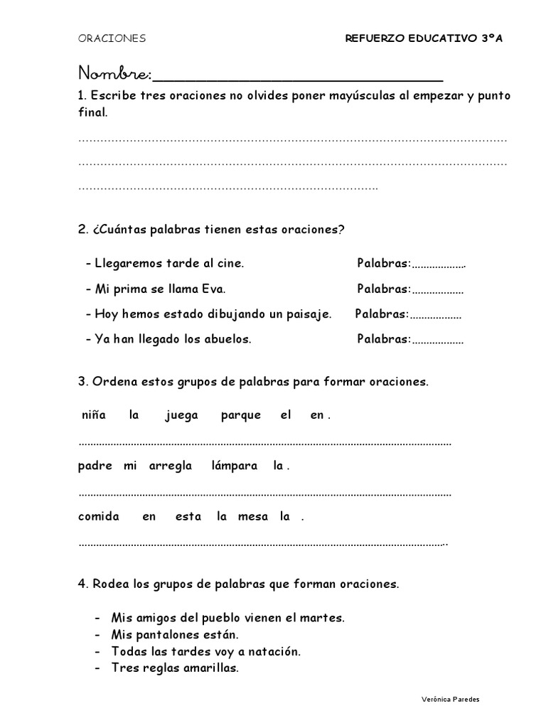 Ejercicios de Oraciones para 3ºA | PDF | Artes del Lenguaje y ...