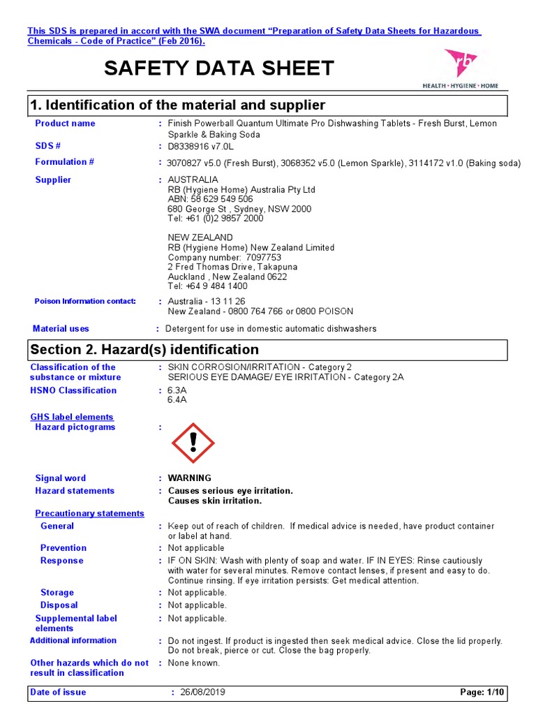 Finish Powerball Quantum Ultimate Pro Dishwashing PDF Toxicity