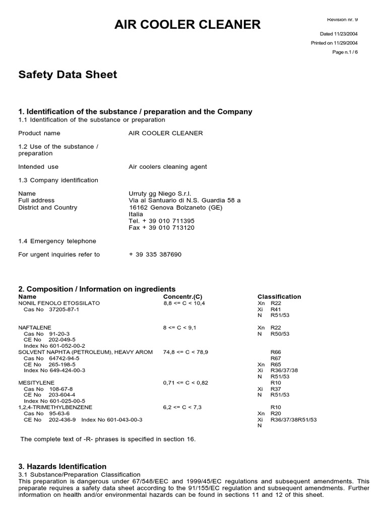 Air Cooler Cleaner Safety Data Sheet PDF Toxicity Dangerous Goods