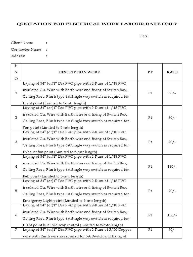 Electrical Labour Quotation 2024 | PDF | Switch | Ac Power Plugs And ...