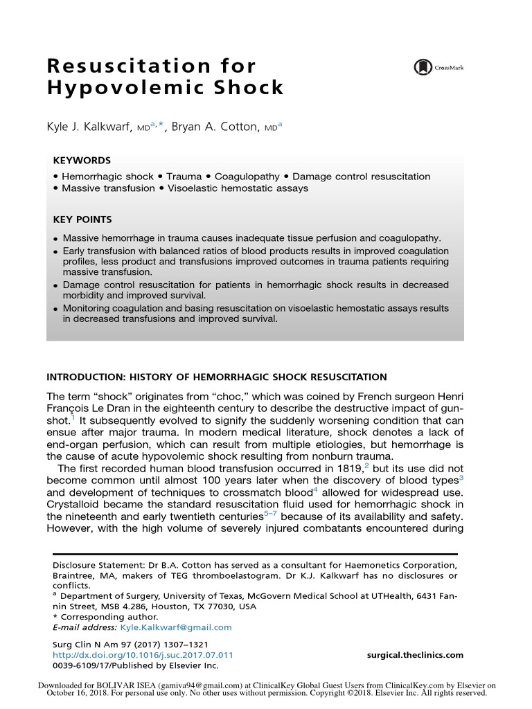 Resuscitation For Hypovolemic Shock | PDF | Bleeding | Blood Plasma