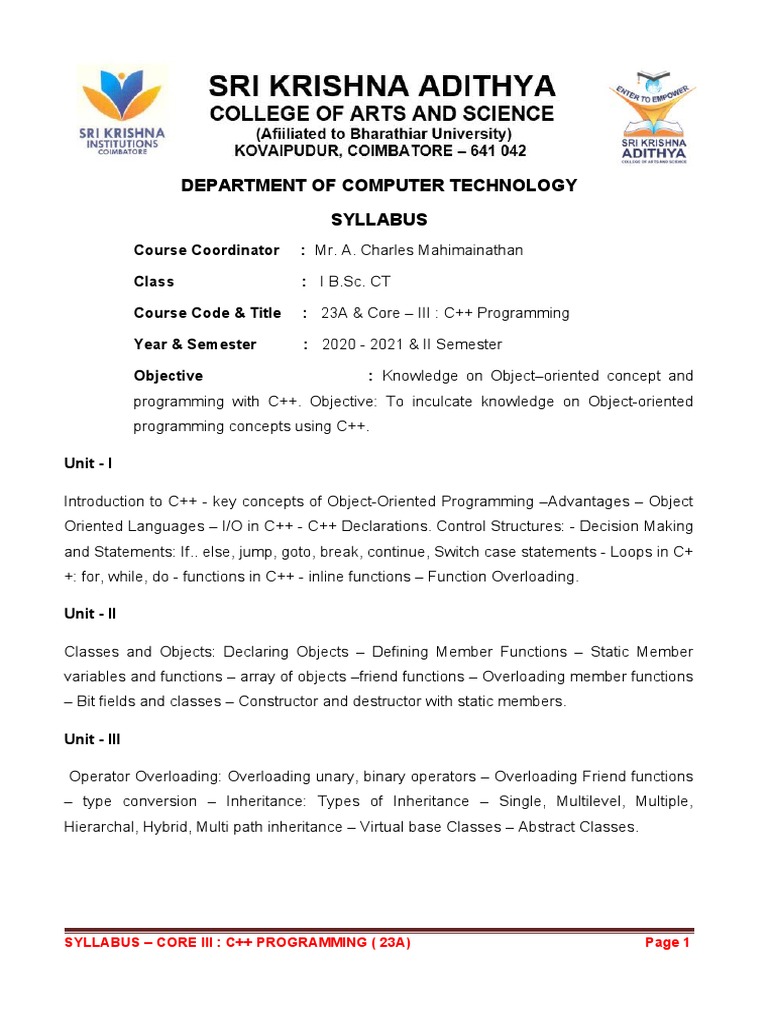 Department of Computer Technology Syllabus: Syllabus - Core Iii: C++ ...