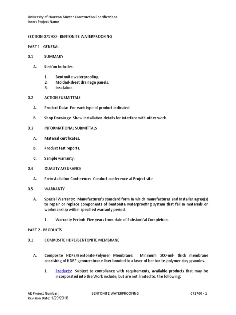 Specifications for Bentonite Waterproofing Membranes and Drainage ...