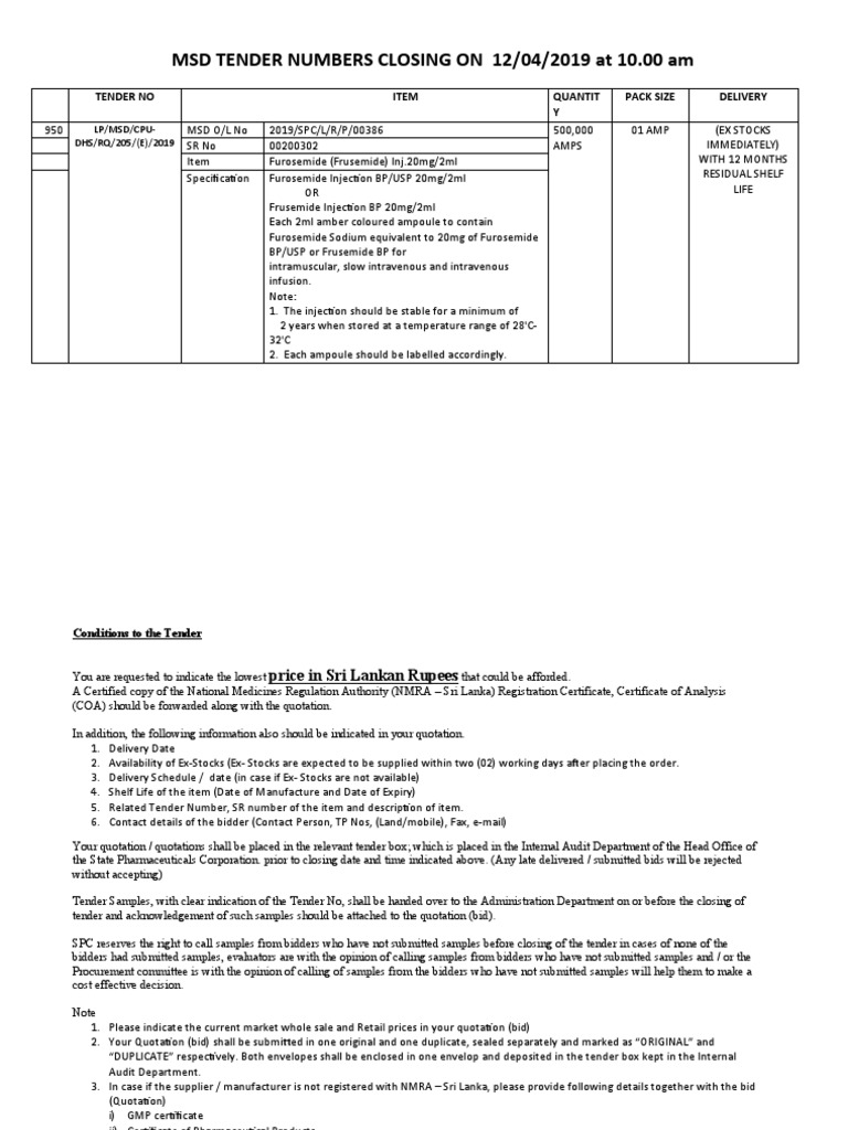 MSD Tender Numbers Closing On 2019 04 12 | PDF | Pharmaceutical | Business