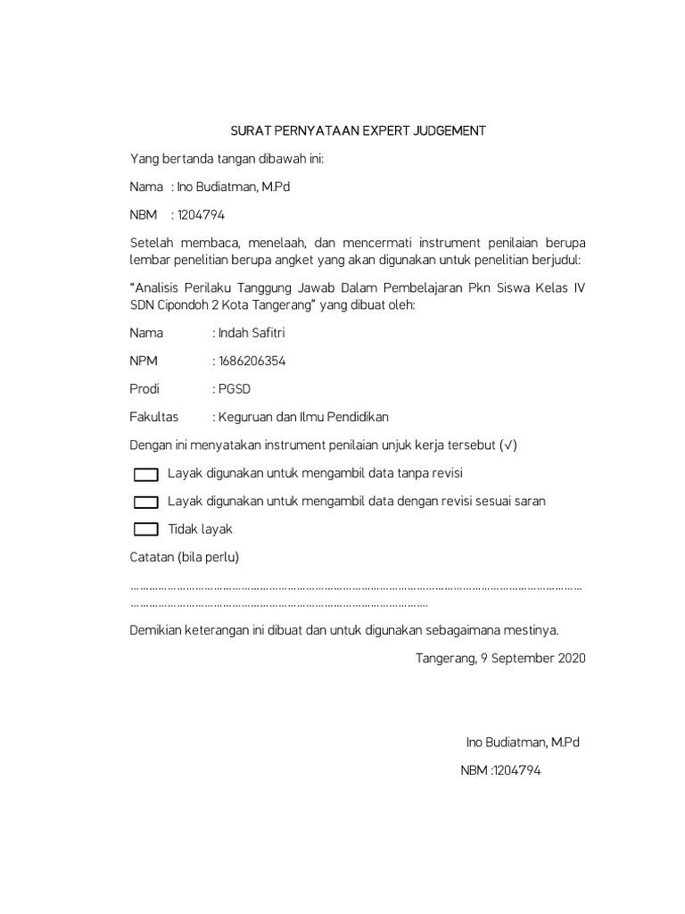 Surat Pernyataan Expert Judgement Indah Alhamdulilah PDF | PDF