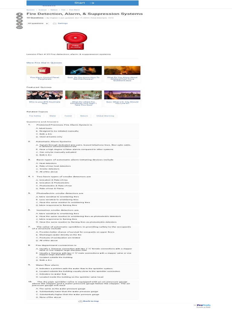 Fire Detection, Alarm, & Suppression Systems ProProfs Quiz PDF PDF