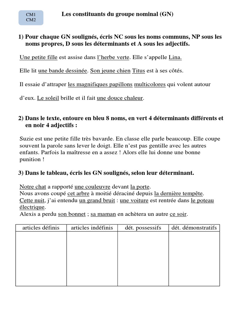 évaluation Groupe Nominal Cm2 Pdf Exercices Les Constituants Du Groupe Nominal | PDF