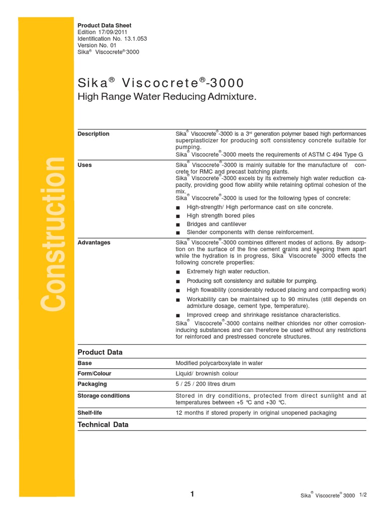 Sika Viscocrete - 3000: High Range Water Reducing Admixture | Download ...