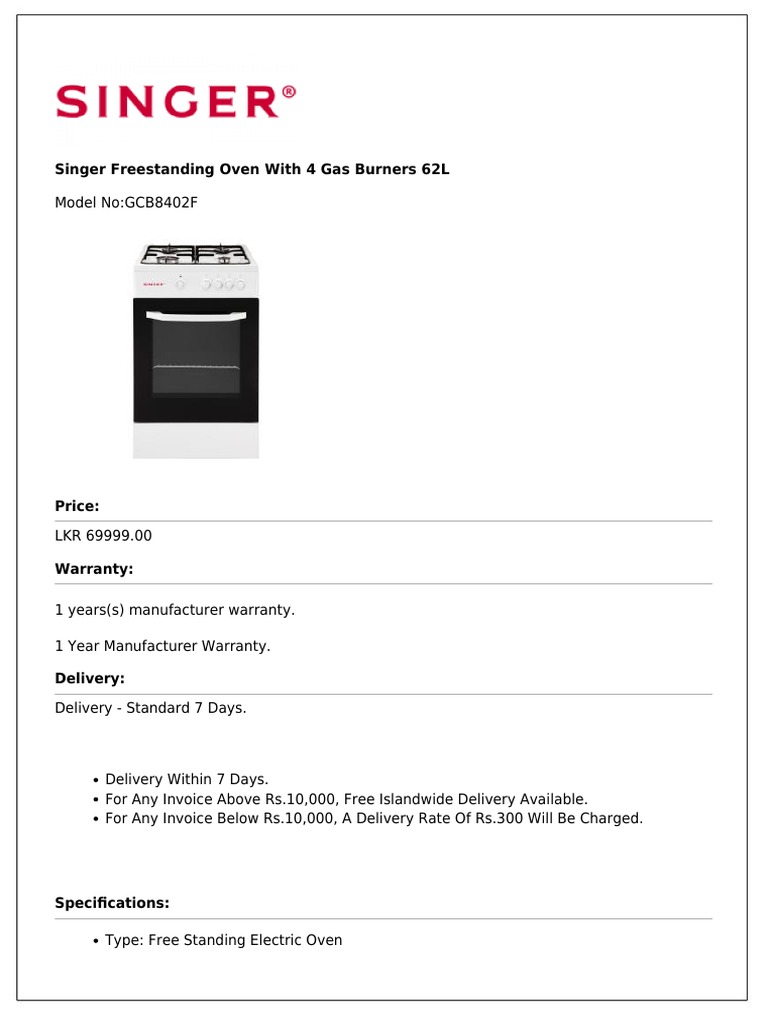 Singer Freestanding Oven With 4 Gas Burners 62L PDF