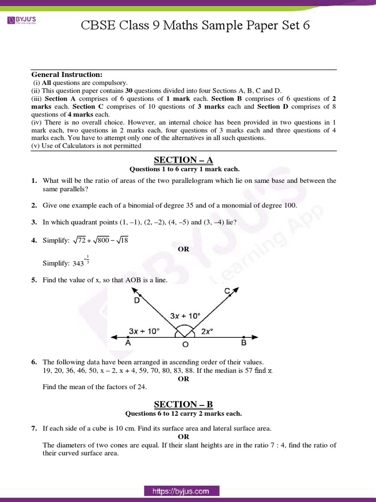 Cbse Sample Paper Class 9 Maths Set 6 Pdf Area Geometric Shapes