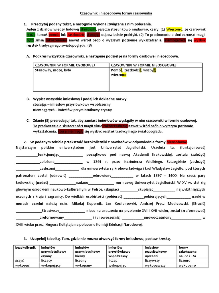 Wynotuj Z Podanego Tekstu Nieosobowe Formy Czasowników