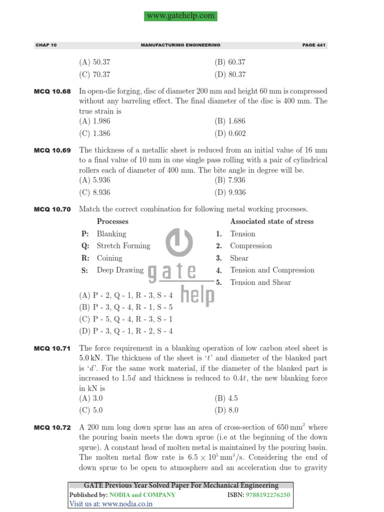 Multiple choice questions on manufacturing engineering topics including