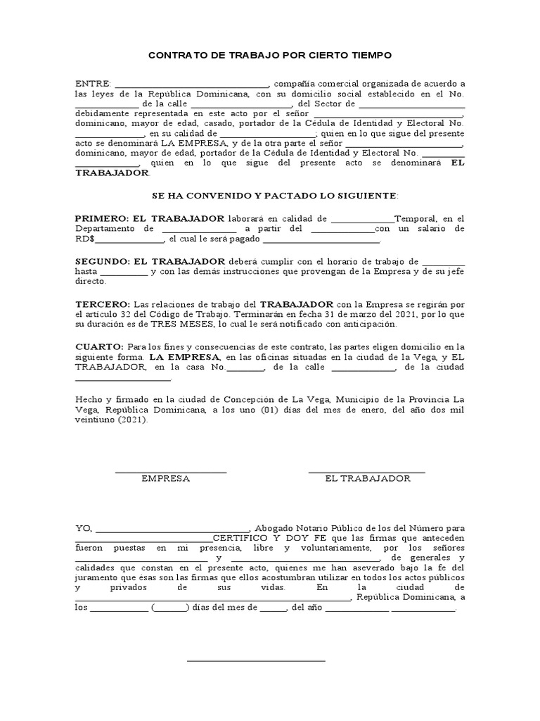 Contrato de Trabajo Por Cierto Tiempo | PDF | República Dominicana