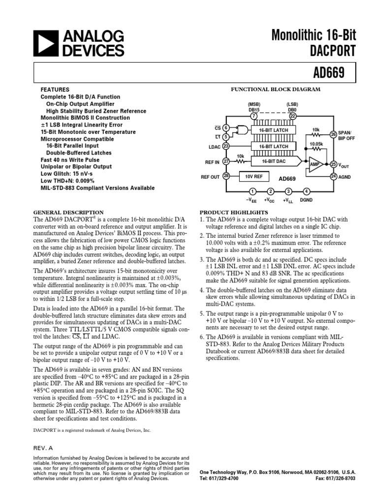 Monolithic 16Bit Dacport AD669 61 LSB Integral Linearity Error PDF