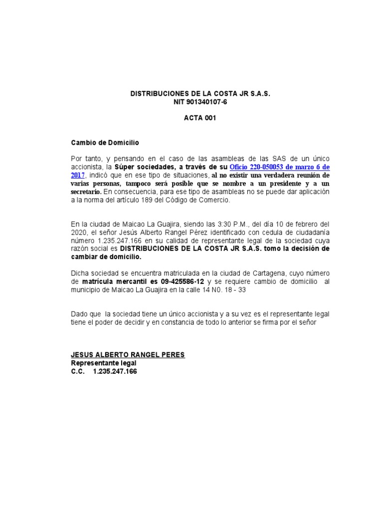 Cambio de domicilio de la sociedad Distribuciones de la Costa JR S.A.S