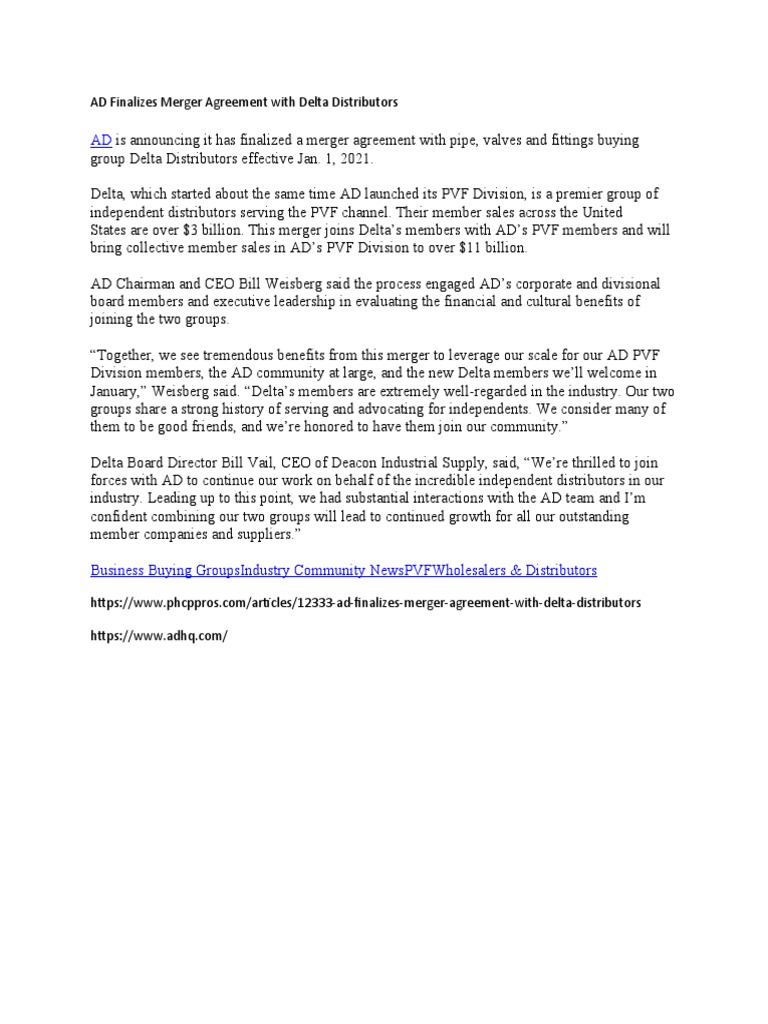 AD Finalizes Merger Agreement With Delta Distributors | PDF | Business