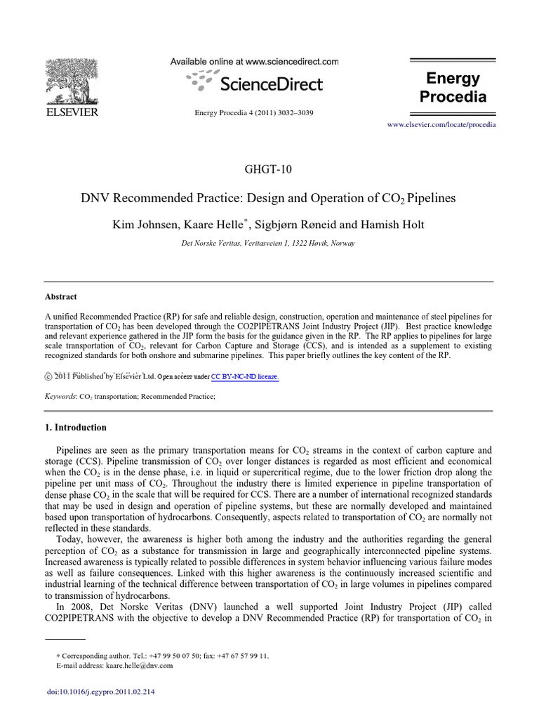 DNV Recommended Practice - Design and Operation of CO2 Pipelines 2011 ...