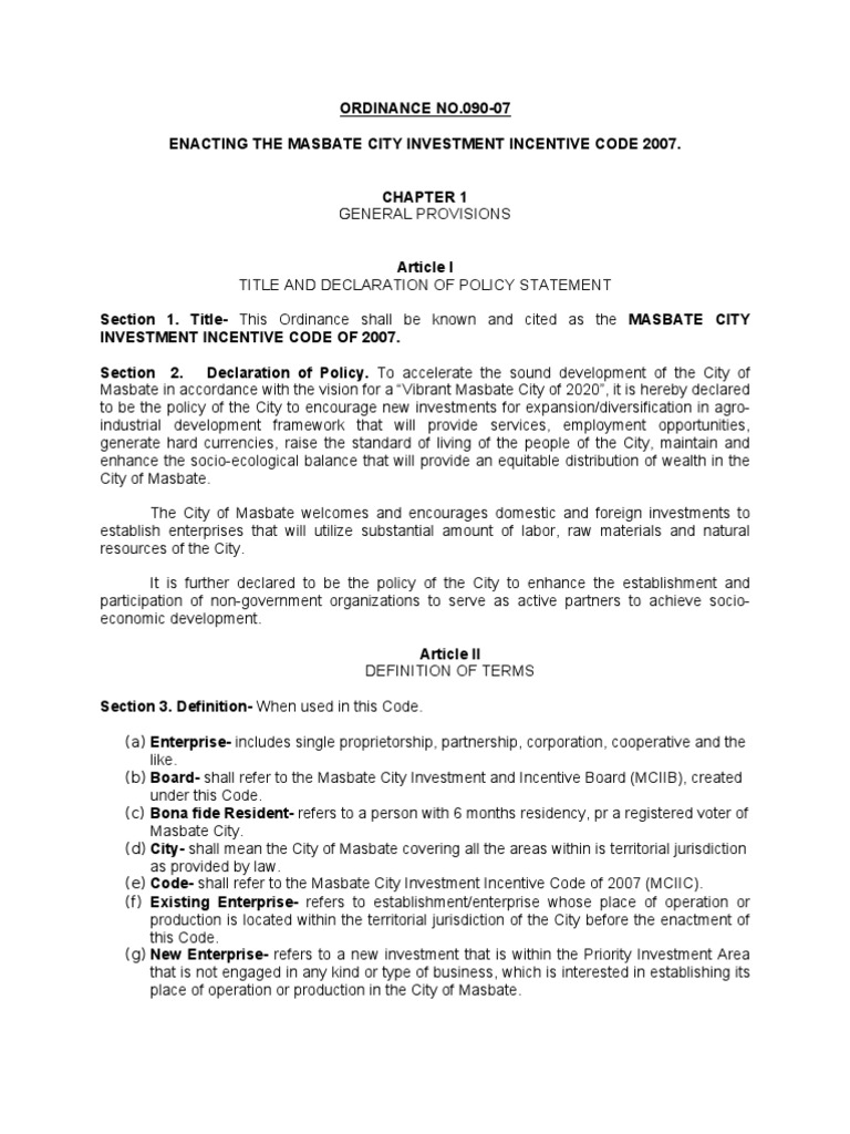 Masbate City Investment Incentive Code | PDF | Board Of Directors | Repeal