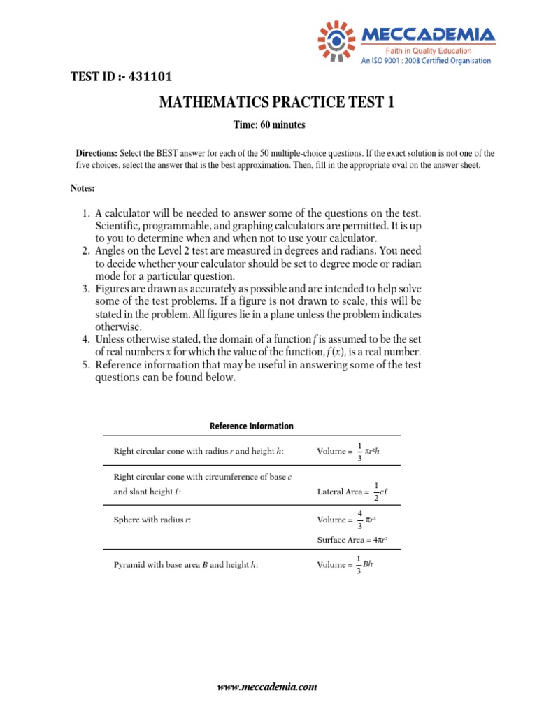 Maths Sat Paper 01 (431101) | PDF | Volume | Area