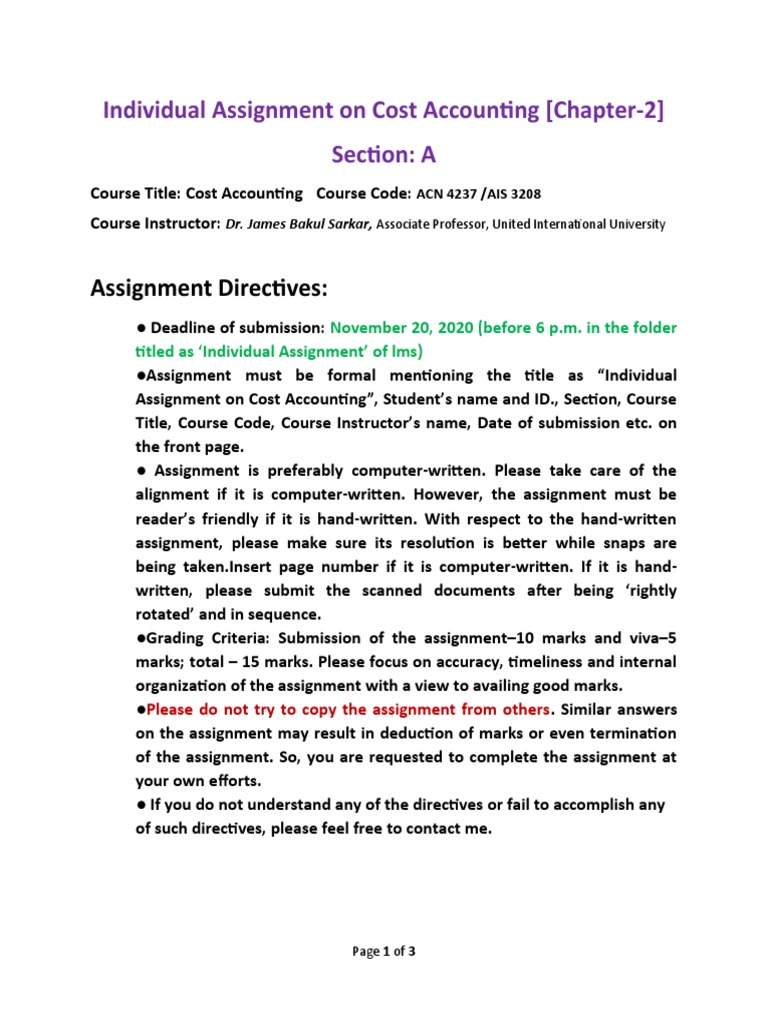 Individual Assignment On Cost Accounting (Chapter-2) Section: A | PDF ...