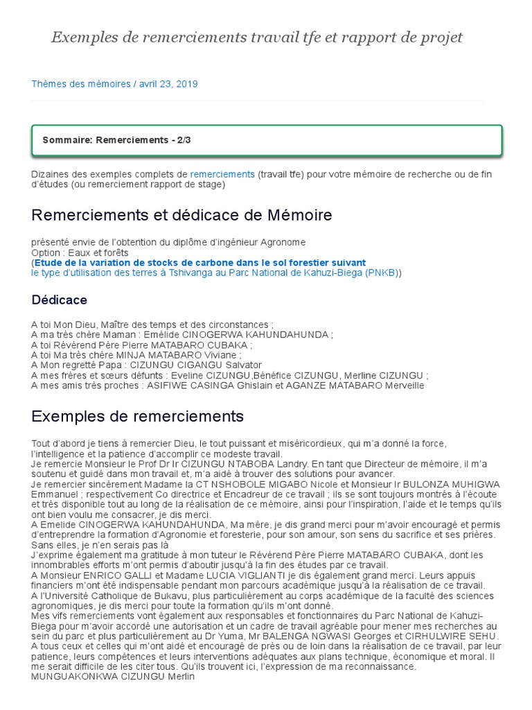 Lettre De Remerciement Rapport De Stage Exemples de Remerciements Travail Tfe Et Rapport de Projet | PDF | Business  | Enseignement supérieur